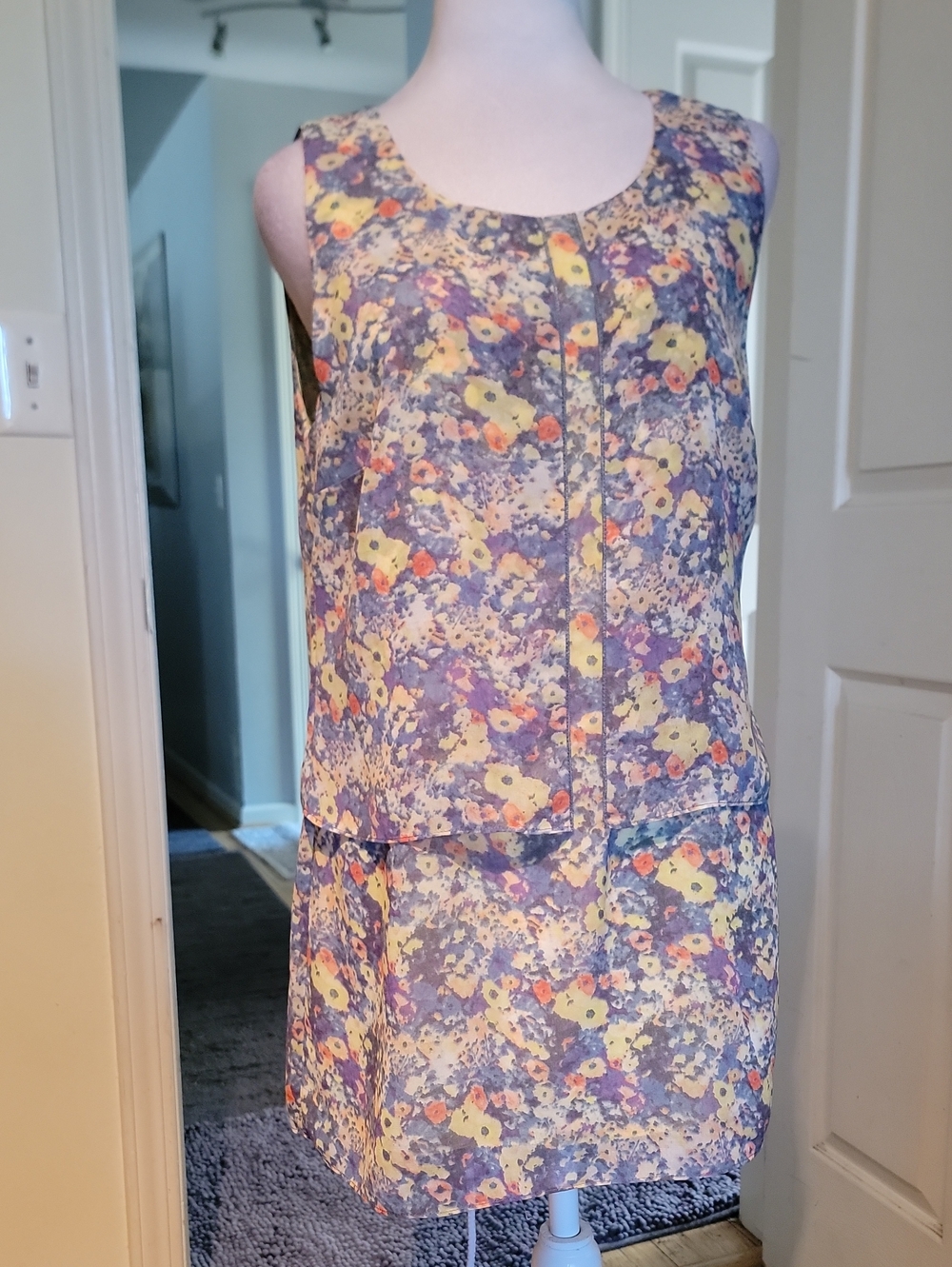 CAbi Sleeveless Floral Shift Dress in Purple, Yellow and Coral